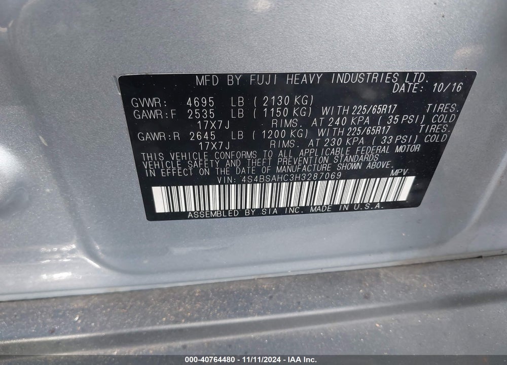 2017 SUBARU OUTBACK 2.5I PREMIUM VIN: 4S4BSAHC3H3287069