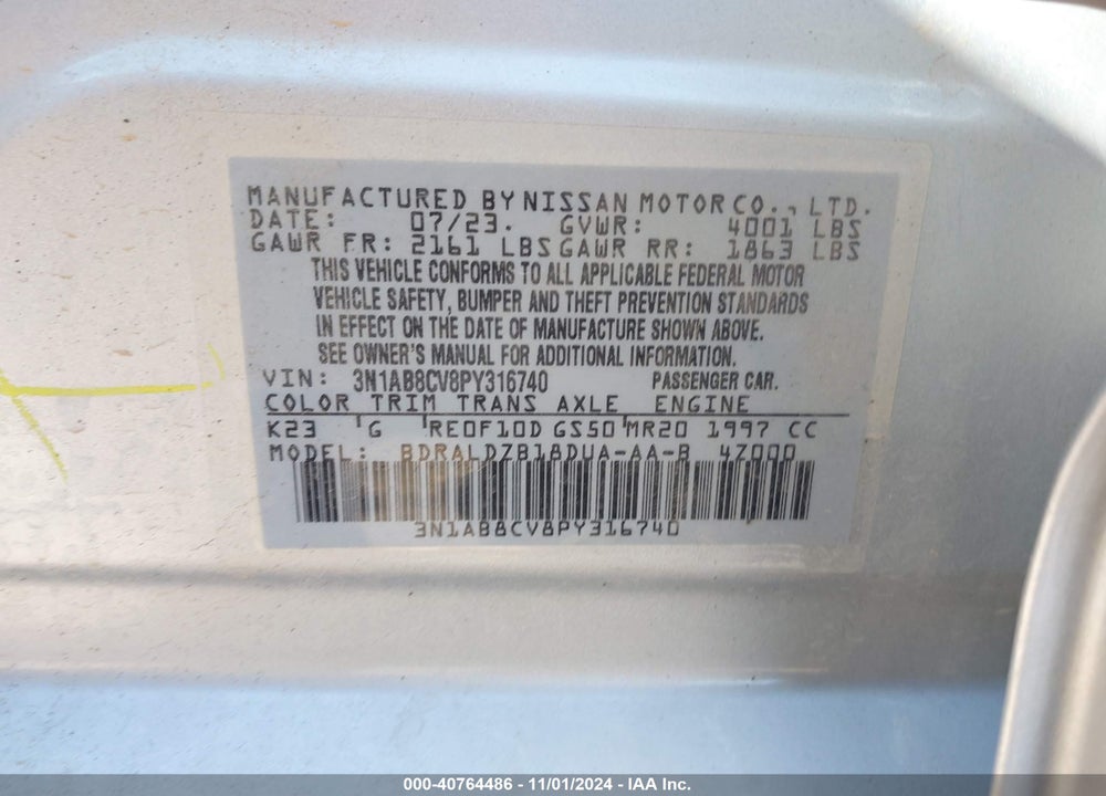 2023 NISSAN SENTRA SV XTRONIC CVT VIN: 3N1AB8CV8PY316740