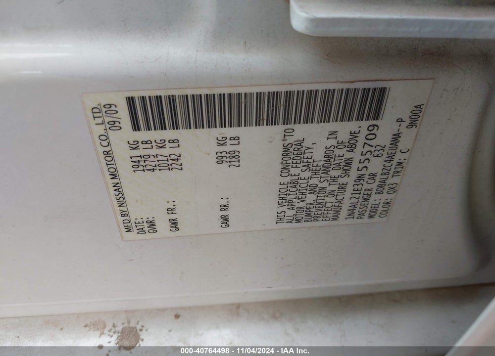 2009 NISSAN ALTIMA 2.5 S VIN: 1N4AL21E39N555709