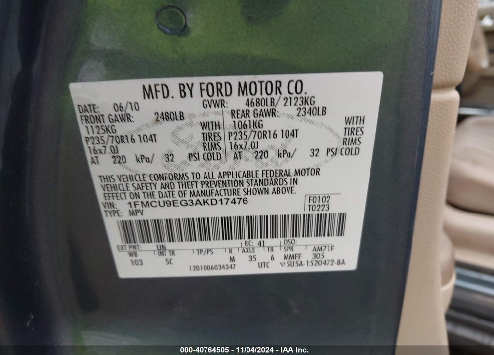 2010 FORD ESCAPE LIMITED VIN: 1FMCU9EG3AKD17476