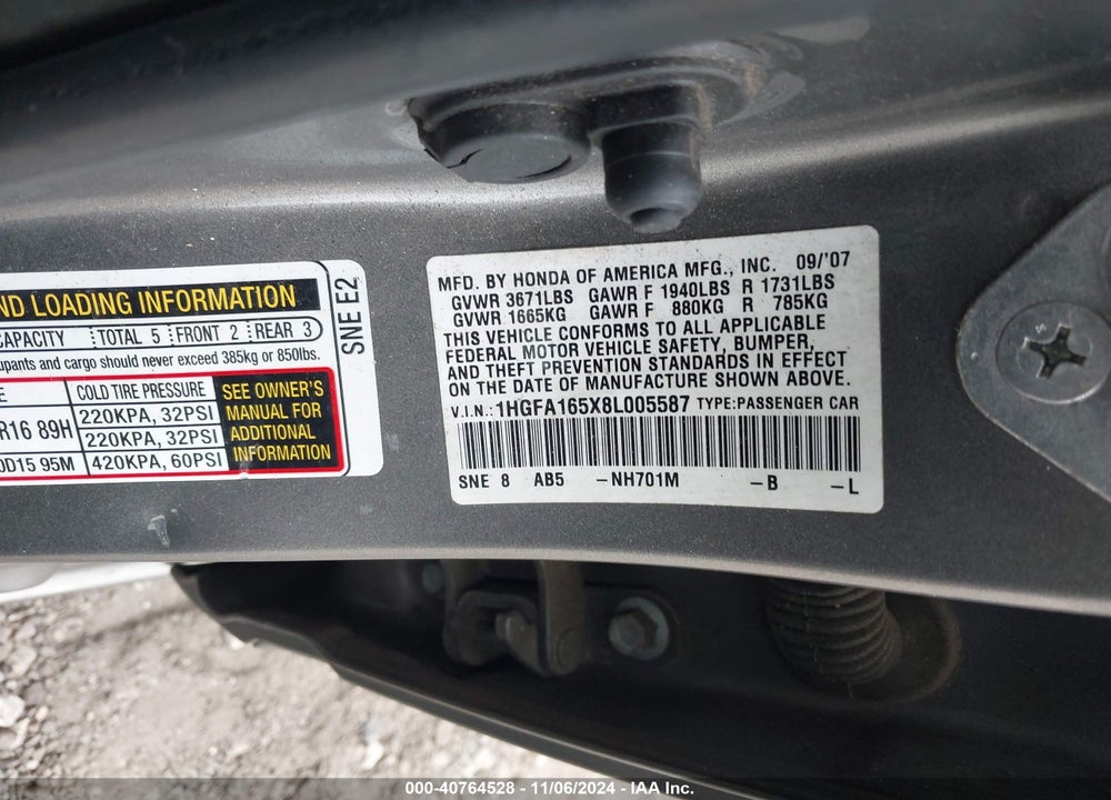 2008 HONDA CIVIC LX VIN: 1HGFA165X8L005587
