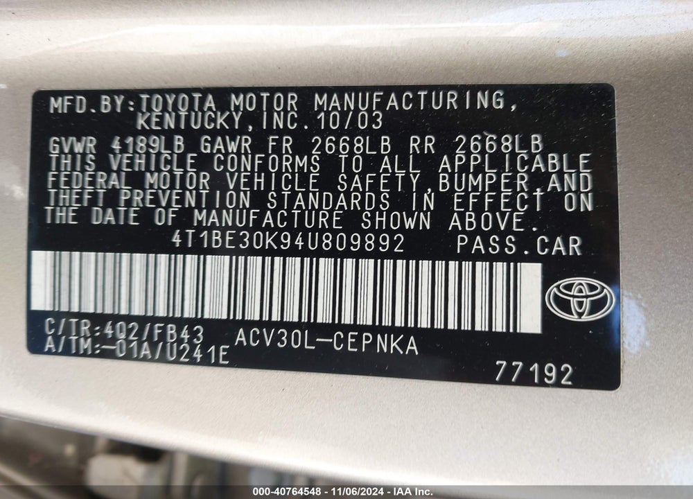2004 TOYOTA CAMRY LE VIN: 4T1BE30K94U809892
