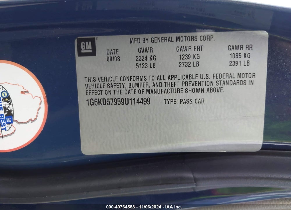 2009 CADILLAC DTS 1SE VIN: 1G6KD57959U114499