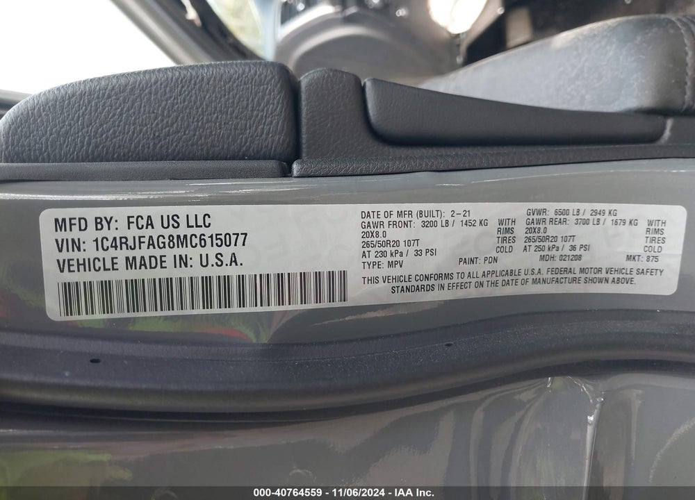 2021 JEEP GRAND CHEROKEE LAREDO X 4X4 VIN: 1C4RJFAG8MC615077