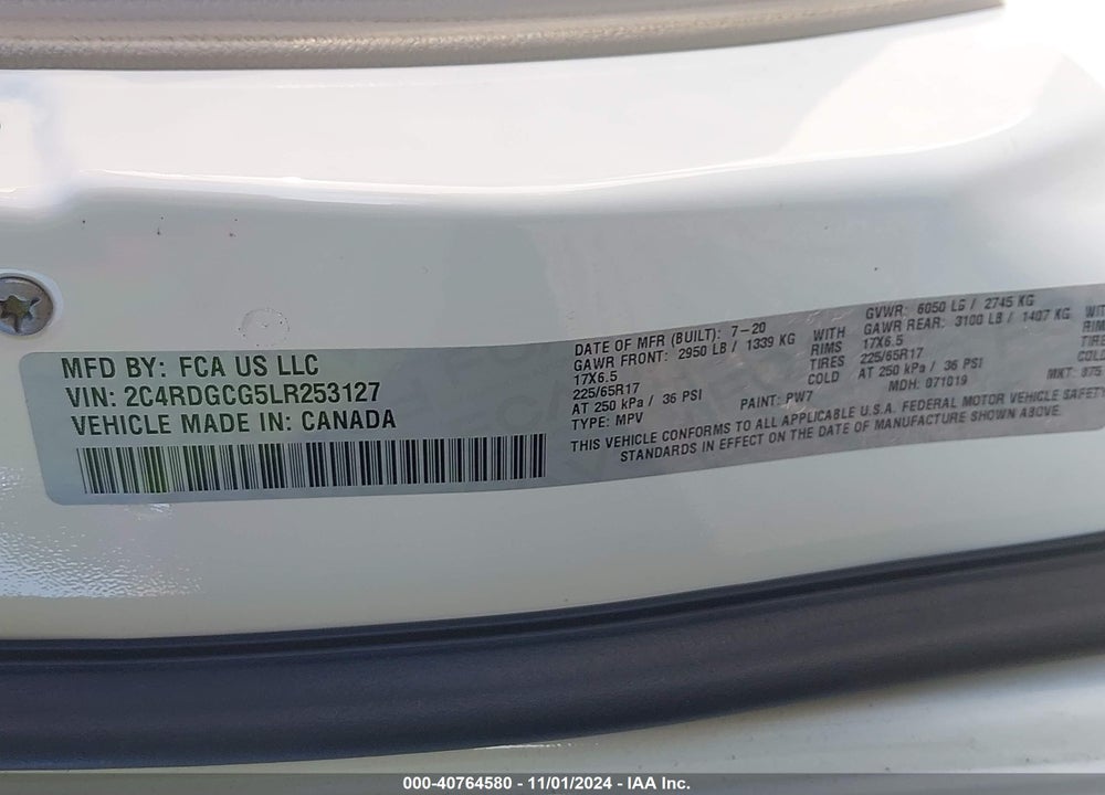 2020 DODGE GRAND CARAVAN SXT VIN: 2C4RDGCG5LR253127