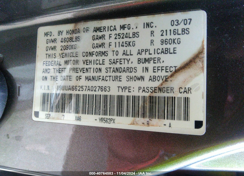 2007 ACURA TL 3.2 VIN: 19UUA66257A027663