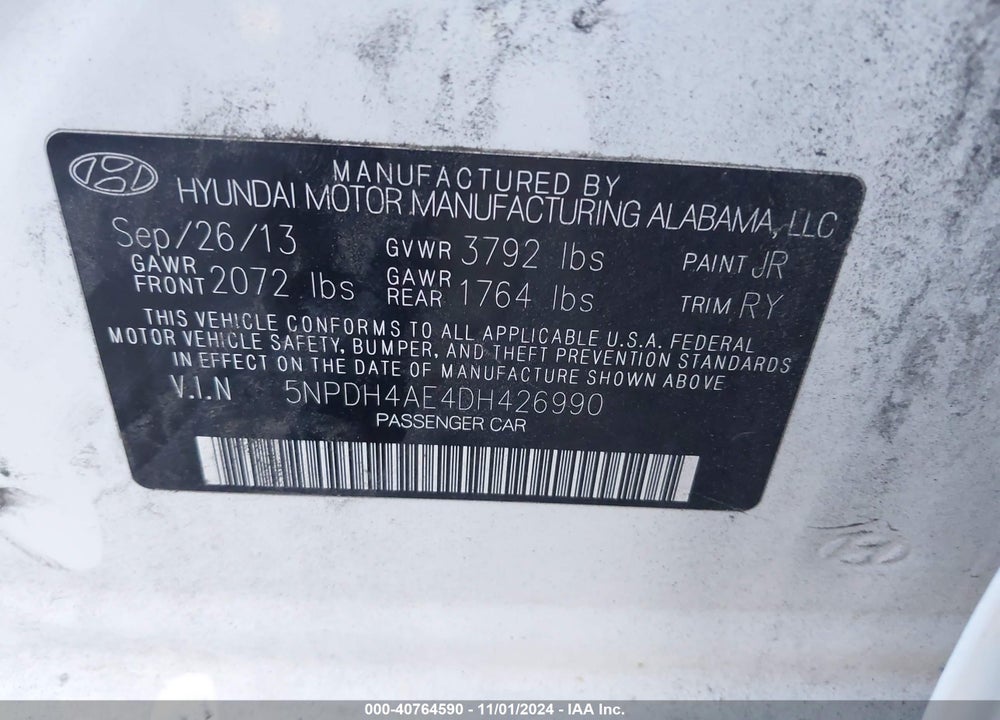 2013 HYUNDAI ELANTRA LIMITED VIN: 5NPDH4AE4DH426990