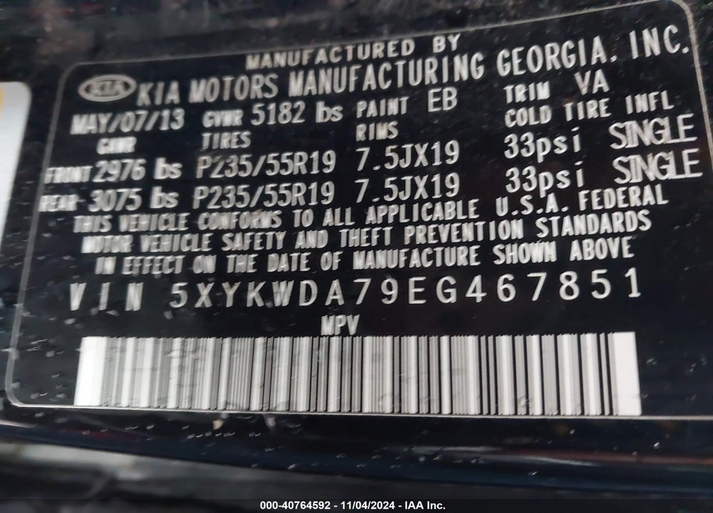 2014 KIA SORENTO LIMITED V6 VIN: 5XYKWDA79EG467851