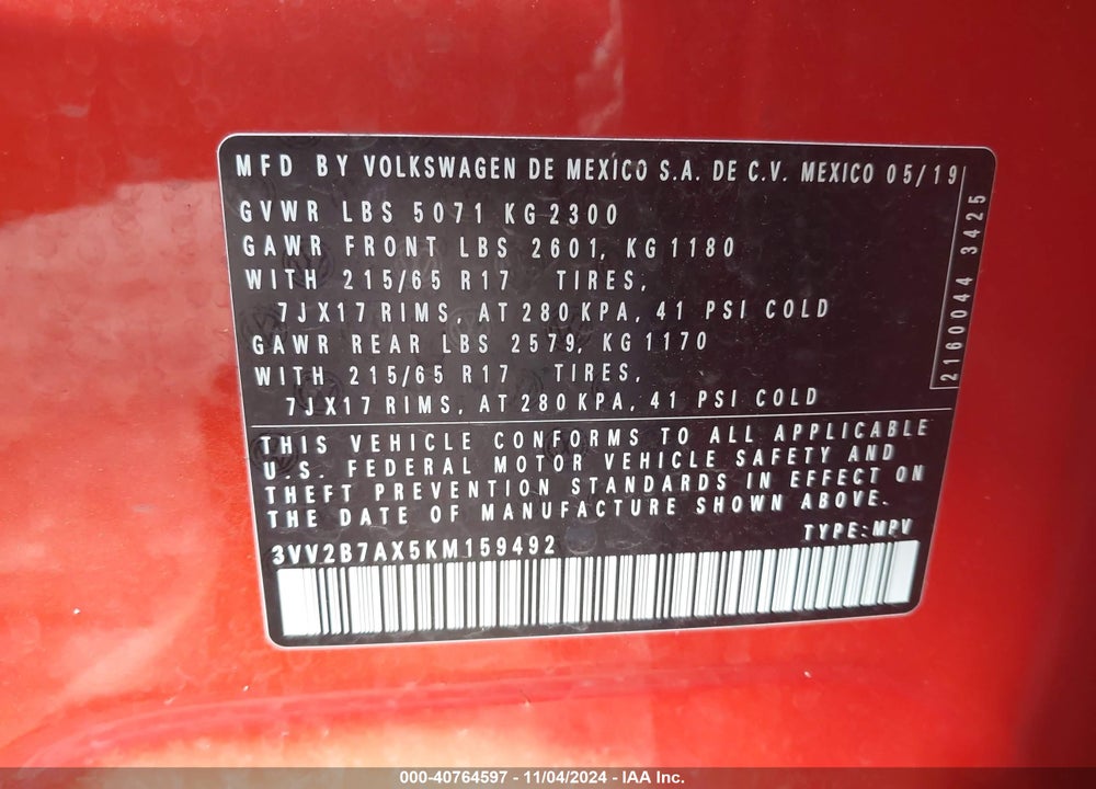 2019 VOLKSWAGEN TIGUAN 2.0T SE/2.0T SEL/2.0T SEL R-LINE/2.0T SEL R-LINE BLACK VIN: 3VV2B7AX5KM159492