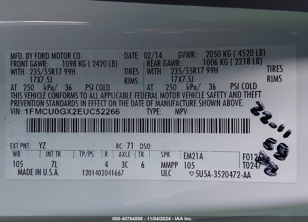 2014 FORD ESCAPE SE VIN: 1FMCU0GX2EUC52266