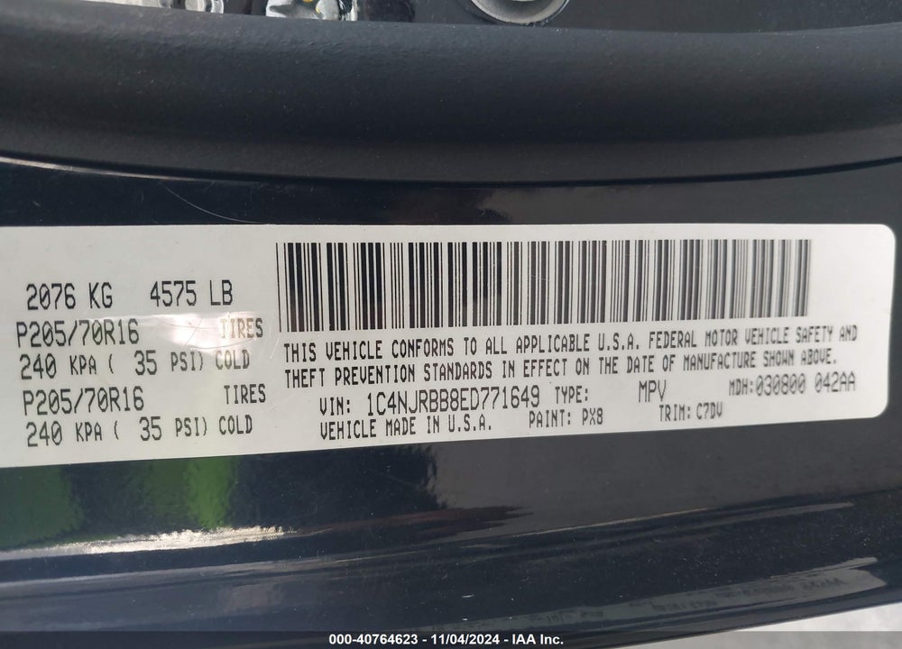 2014 JEEP PATRIOT SPORT VIN: 1C4NJRBB8ED771649