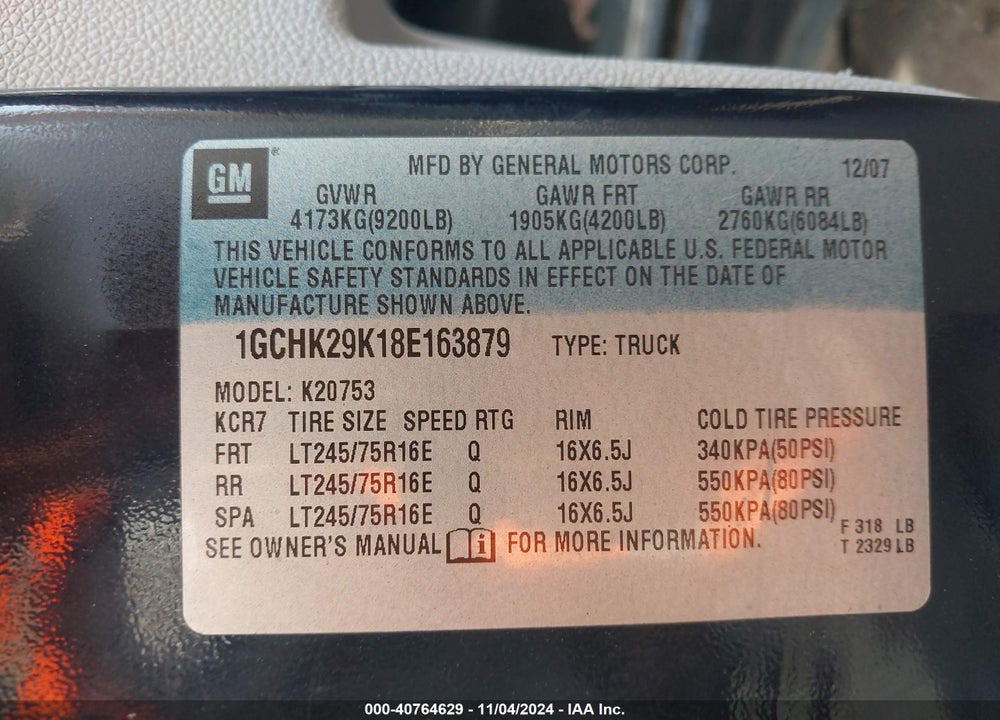 2008 CHEVROLET SILVERADO 2500HD LT1 VIN: 1GCHK29K18E163879