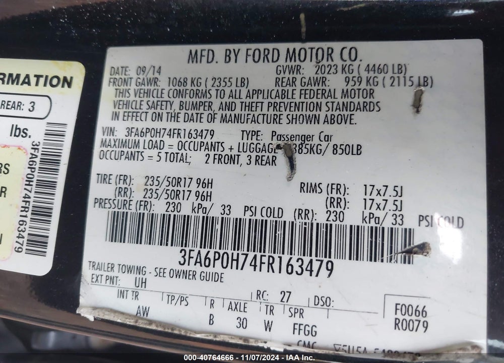 2015 FORD FUSION VIN: 3FA6P0H74FR163479