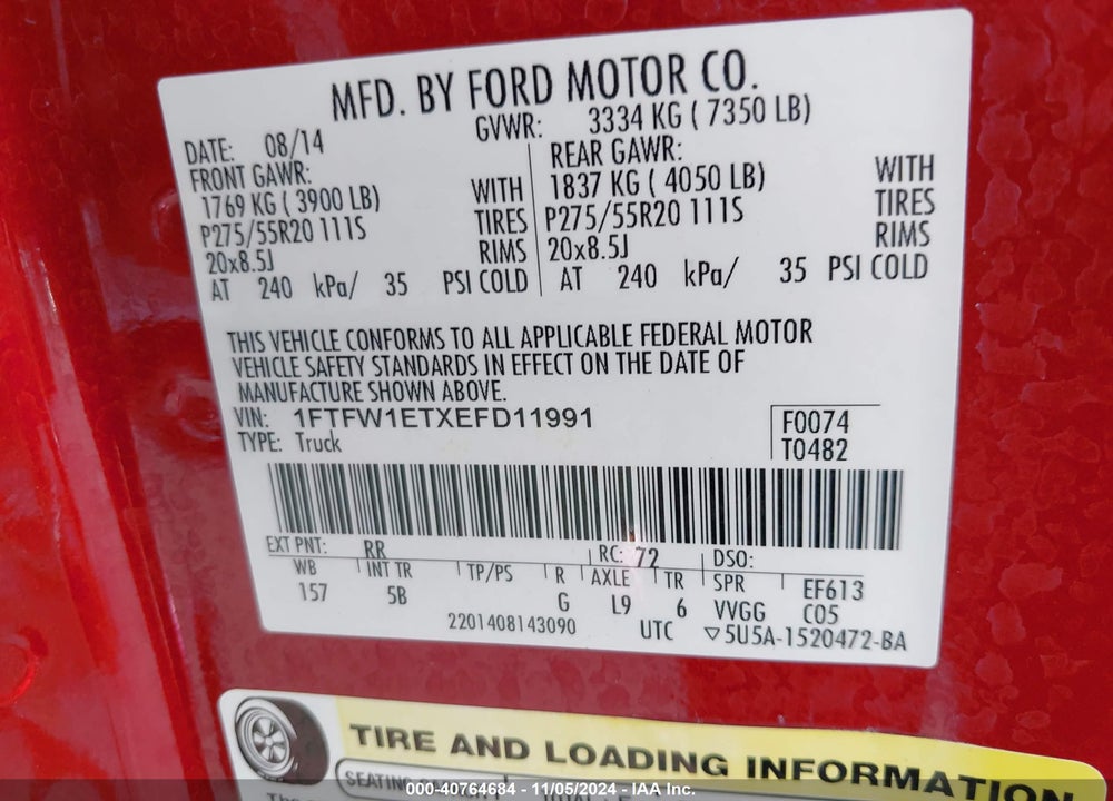 2014 FORD F-150 FX4 VIN: 1FTFW1ETXEFD11991