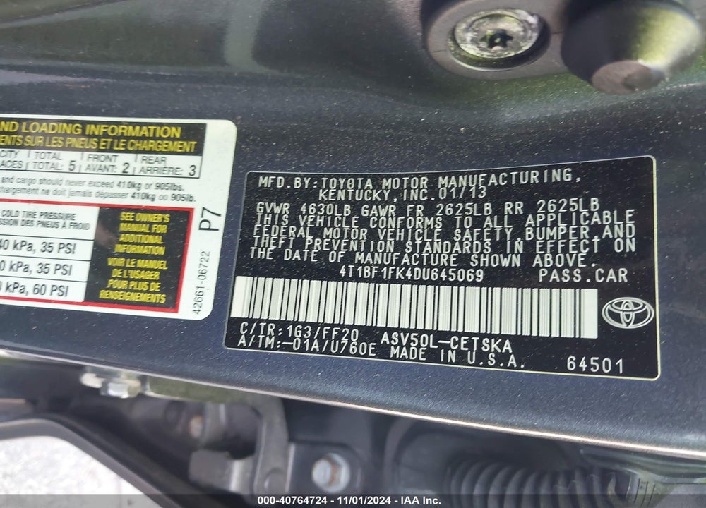 2013 TOYOTA CAMRY VIN: 4T1BF1FK4DU645069