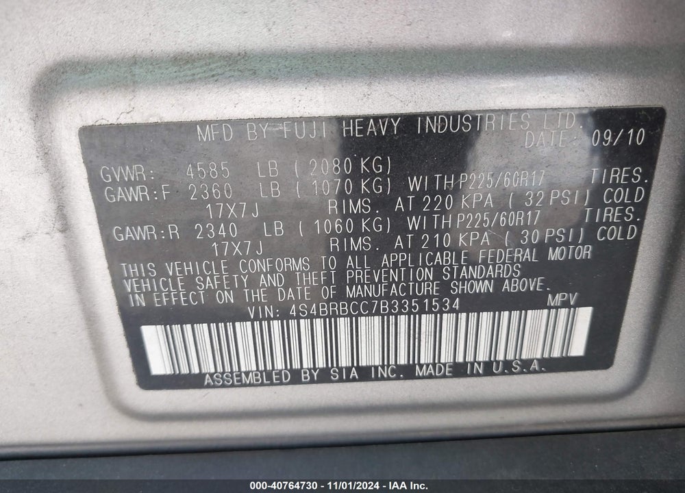 2011 SUBARU OUTBACK 2.5I PREMIUM VIN: 4S4BRBCC7B3351534
