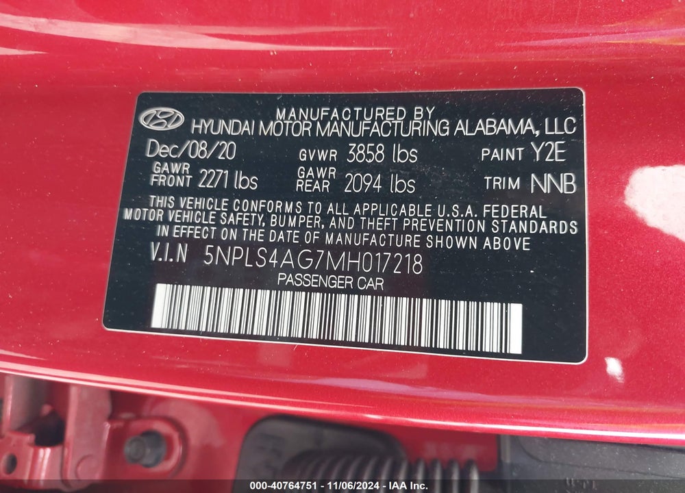 2021 HYUNDAI ELANTRA SEL VIN: 5NPLS4AG7MH017218