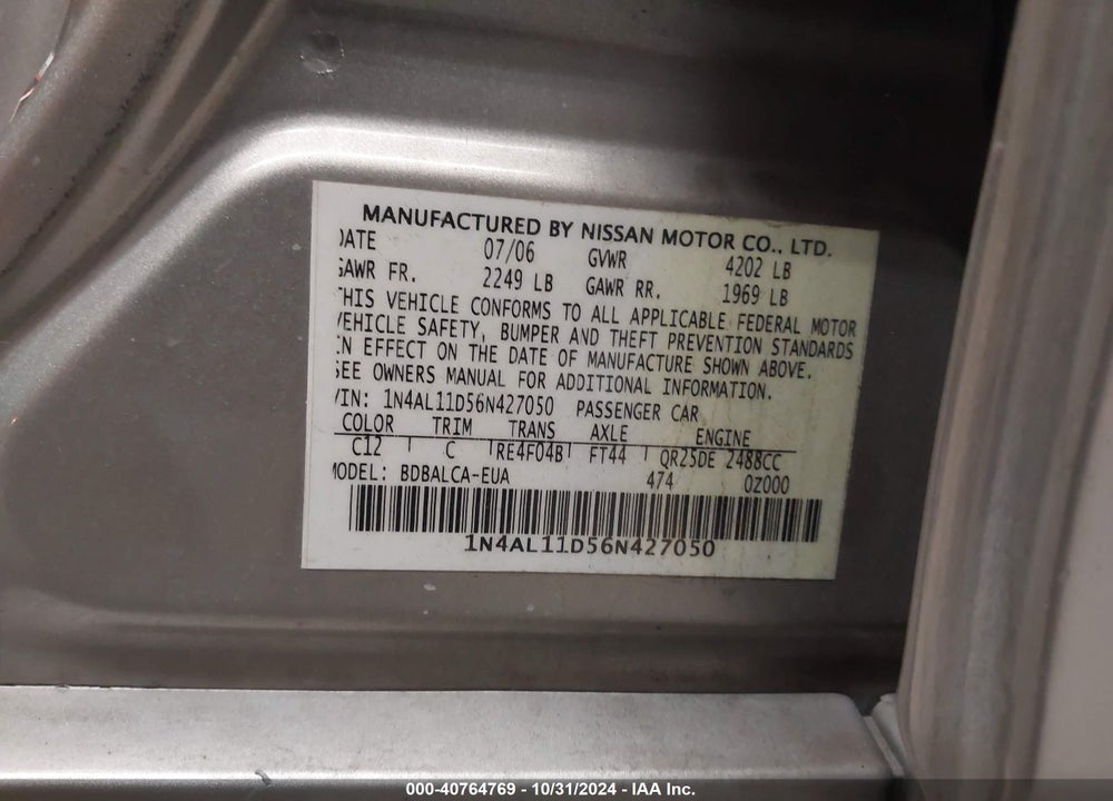 2006 NISSAN ALTIMA 2.5 S VIN: 1N4AL11D56N427050