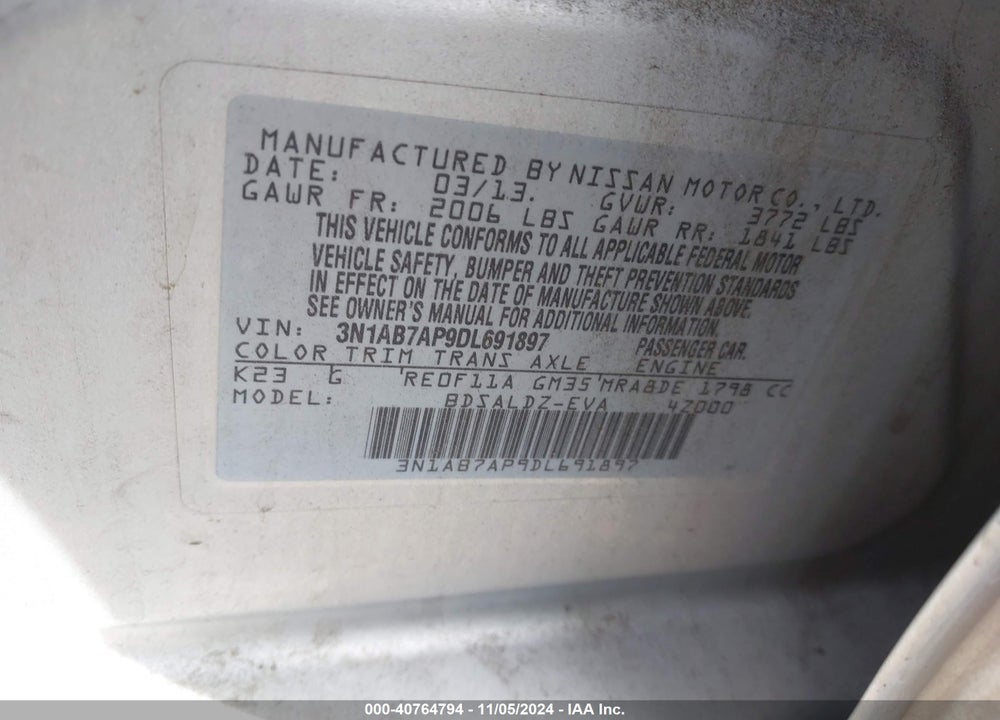 2013 NISSAN SENTRA SV VIN: 3N1AB7AP9DL691897