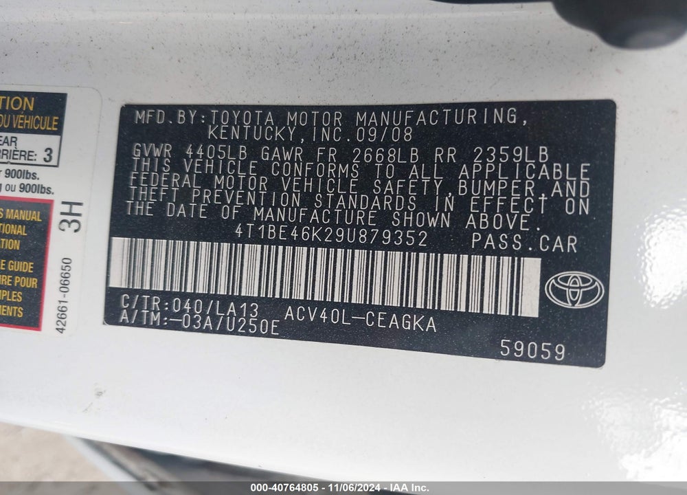 2009 TOYOTA CAMRY XLE VIN: 4T1BE46K29U879352