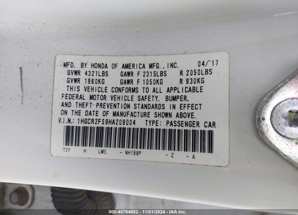 2017 HONDA ACCORD VIN: 1HGCR2F59HA209004
