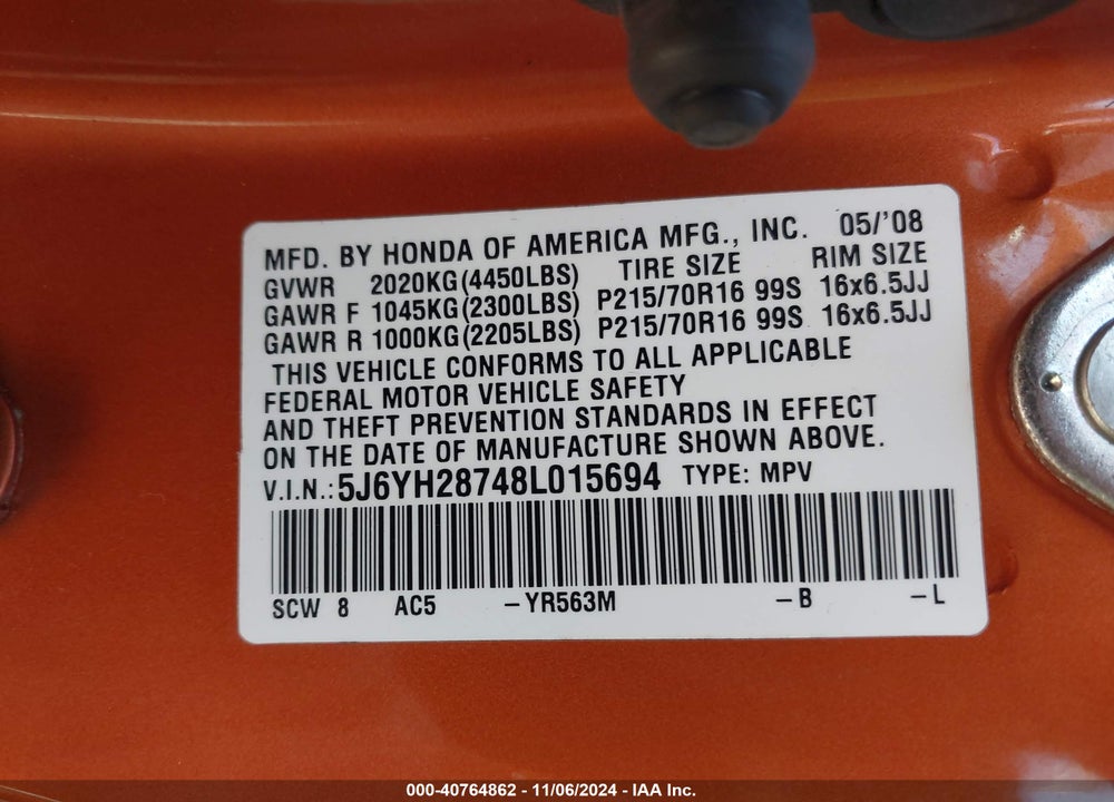 2008 HONDA ELEMENT EX VIN: 5J6YH28748L015694
