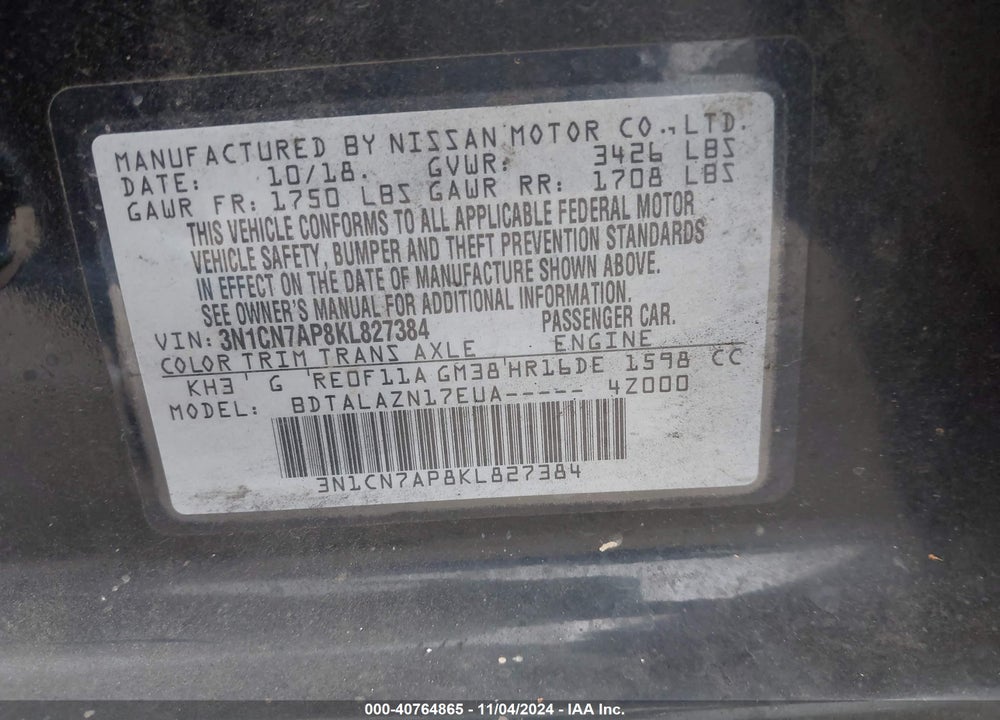 2019 NISSAN VERSA 1.6 S+ VIN: 3N1CN7AP8KL827384