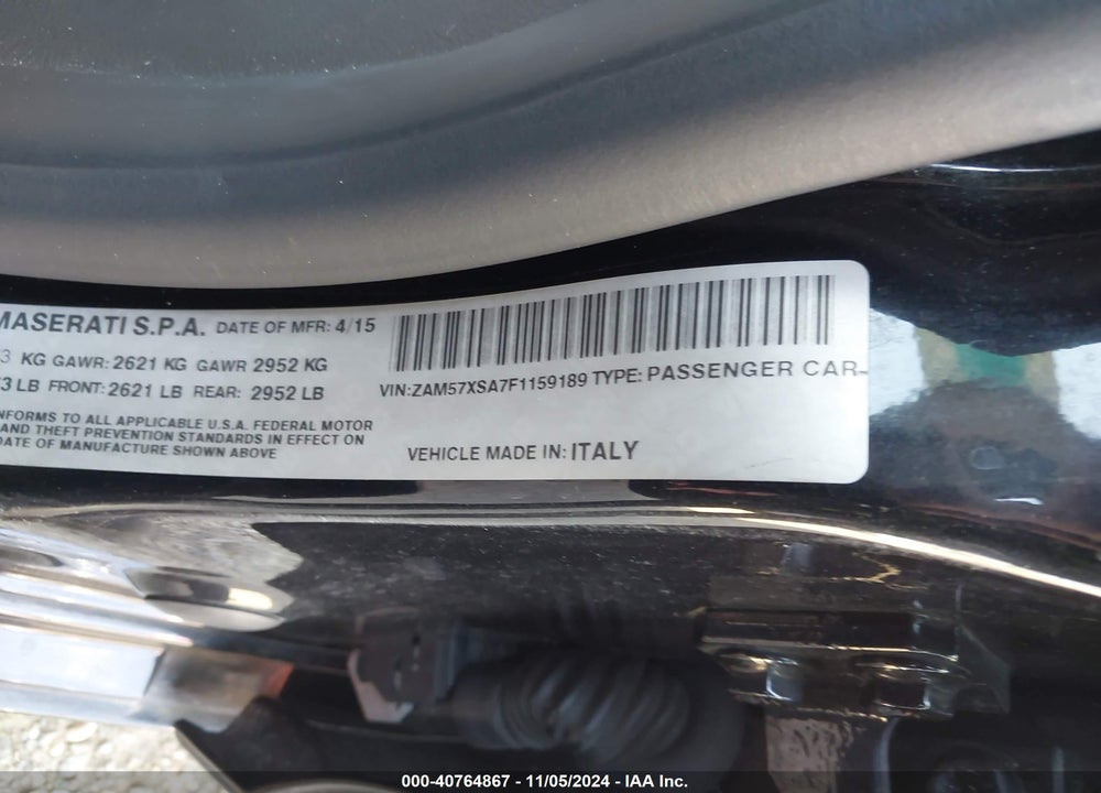 2015 MASERATI GHIBLI VIN: ZAM57XSA7F1159189
