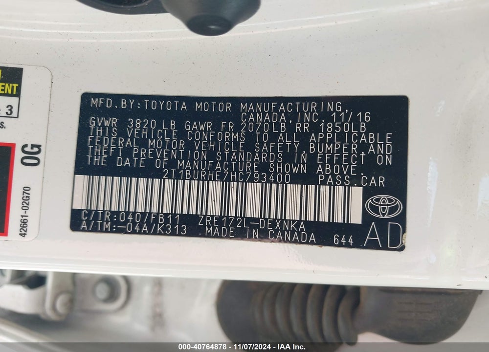 2017 TOYOTA COROLLA LE VIN: 2T1BURHE7HC793400
