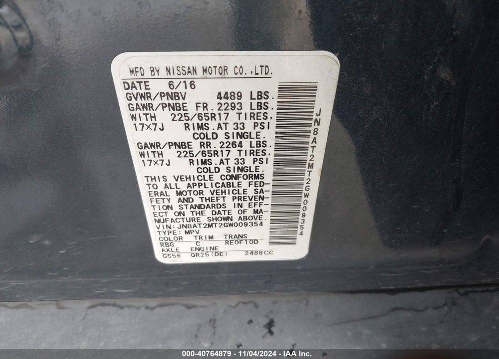 2016 NISSAN ROGUE S VIN: JN8AT2MT2GW009354