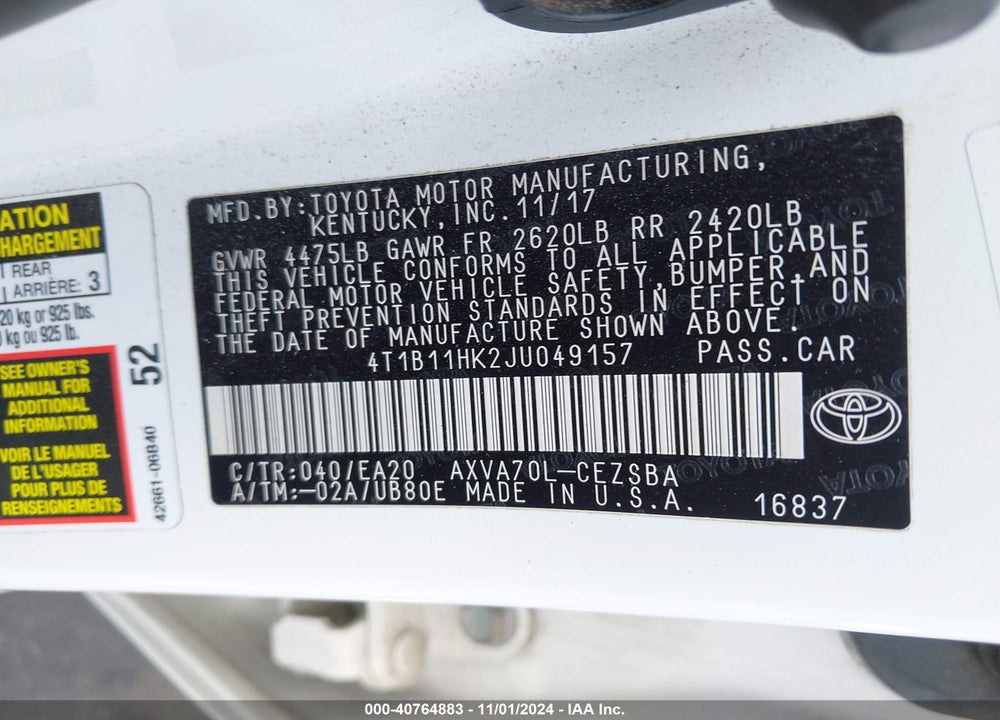 2018 TOYOTA CAMRY SE VIN: 4T1B11HK2JU049157