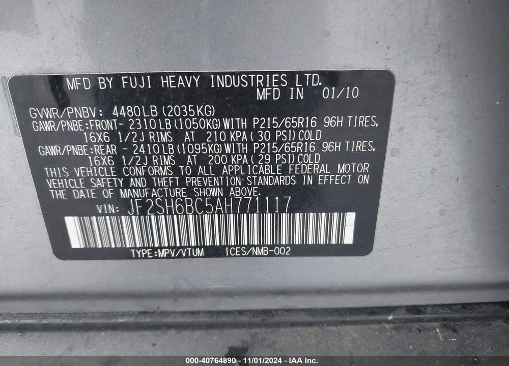 2010 SUBARU FORESTER VIN: JF2SH6BC5AH771117