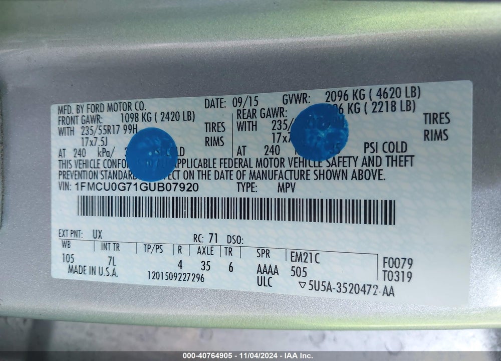 2016 FORD ESCAPE SE VIN: 1FMCU0G71GUB07920