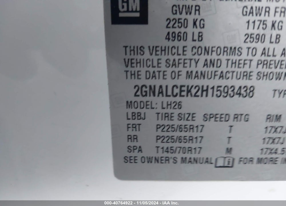 2017 CHEVROLET EQUINOX LT VIN: 2GNALCEK2H1593438