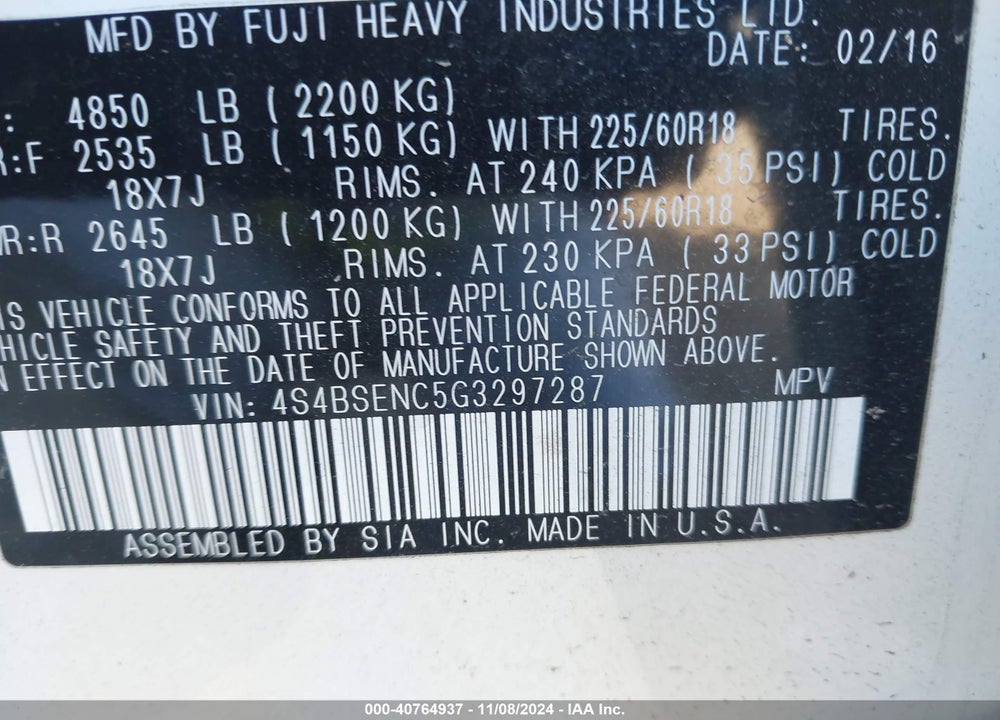 2016 SUBARU OUTBACK 3.6R LIMITED VIN: 4S4BSENC5G3297287