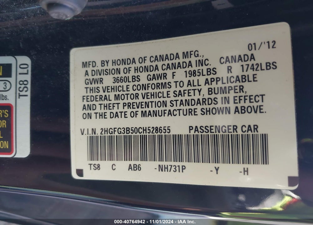 2012 HONDA CIVIC LX VIN: 2HGFG3B50CH528655