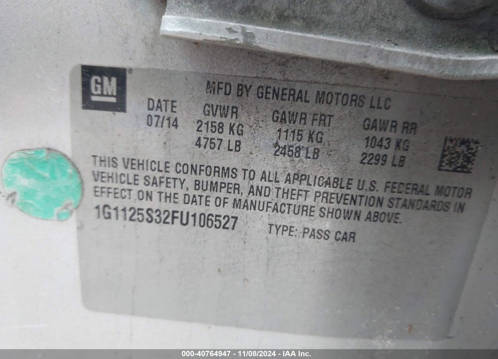 2015 CHEVROLET IMPALA 2LT VIN: 1G1125S32FU106527