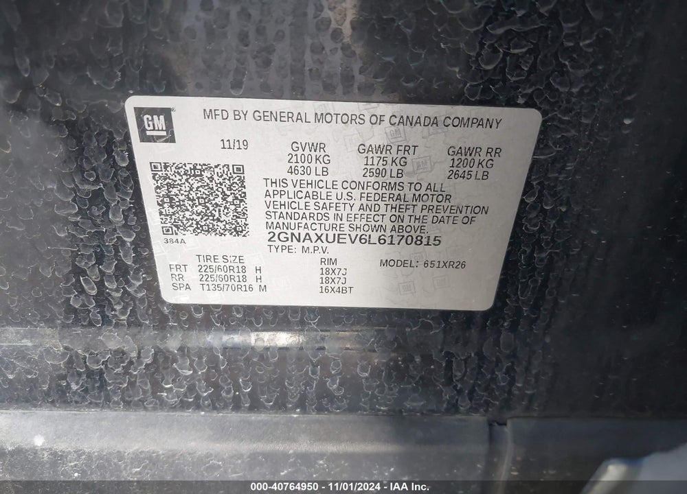 2020 CHEVROLET EQUINOX AWD LT 1.5L TURBO VIN: 2GNAXUEV6L6170815