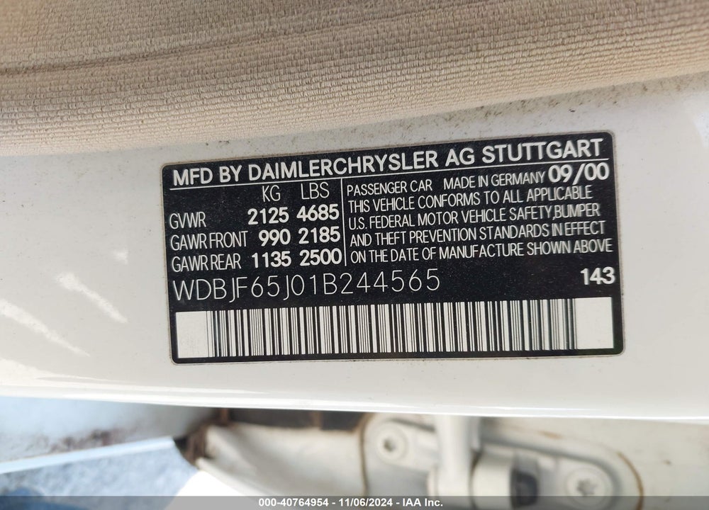 2001 MERCEDES-BENZ E 320 VIN: WDBJF65J01B244565