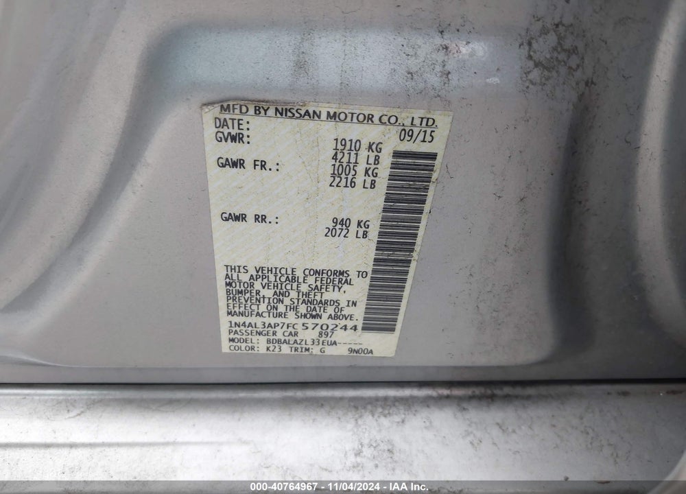 2015 NISSAN ALTIMA 2.5 VIN: 1N4AL3AP7FC570244
