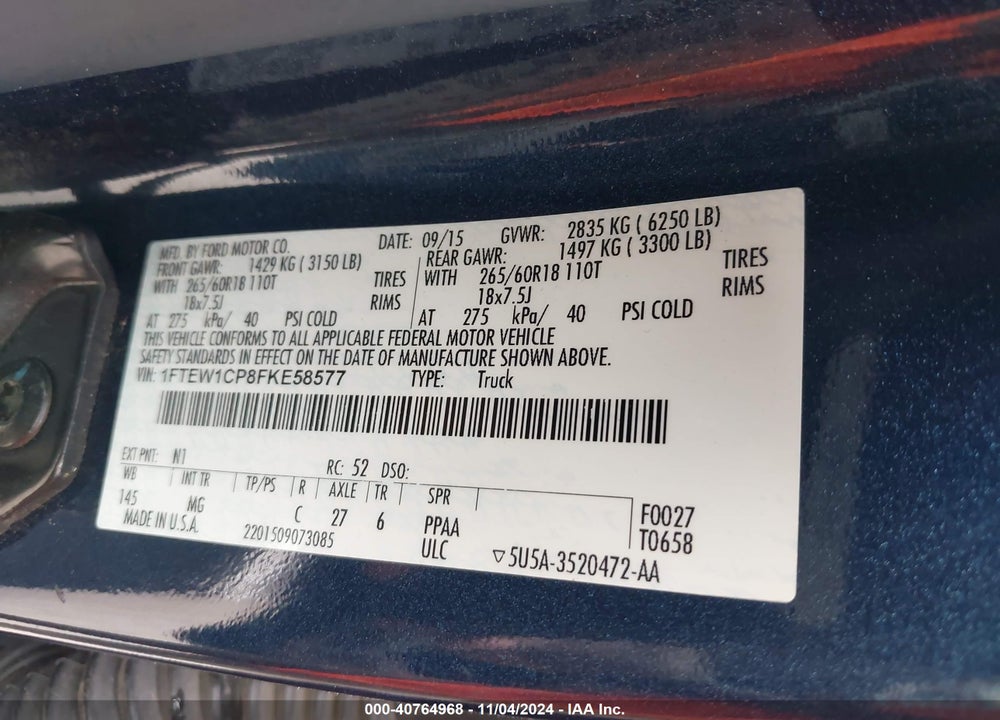 2015 FORD F-150 XLT VIN: 1FTEW1CP8FKE58577
