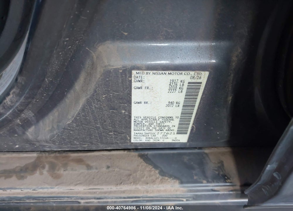 2016 NISSAN ALTIMA VIN: 1N4AL3AP1GC277621