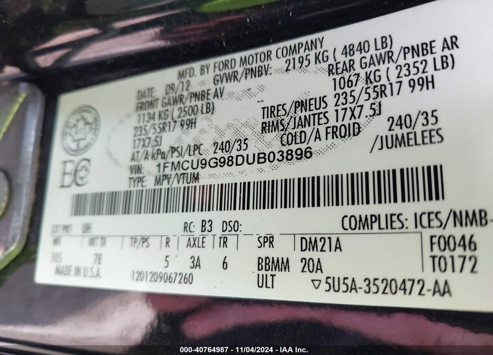 2013 FORD ESCAPE SE VIN: 1FMCU9G98DUB03896