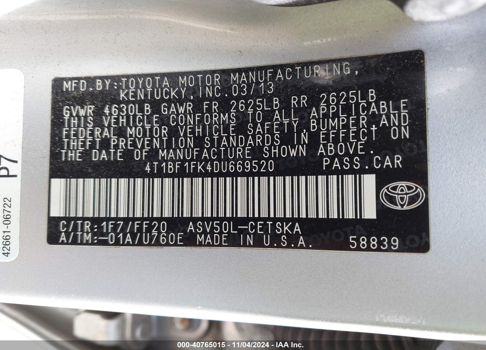 2013 TOYOTA CAMRY SE VIN: 4T1BF1FK4DU669520