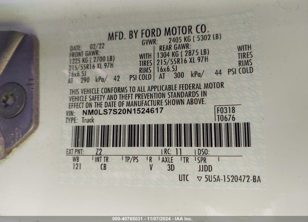 2022 FORD TRANSIT CONNECT XL CARGO VAN VIN: NM0LS7S20N1524617