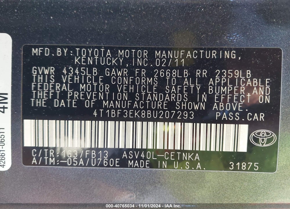 2011 TOYOTA CAMRY LE VIN: 4T1BF3EK8BU207293