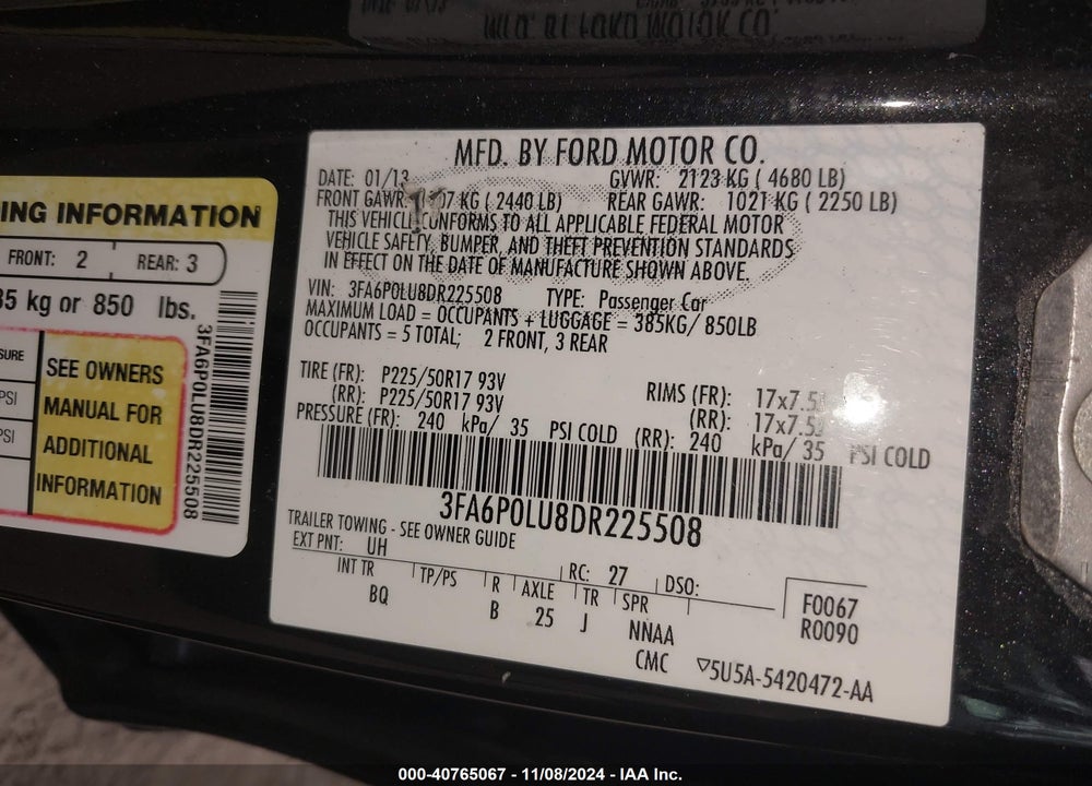 2013 FORD FUSION HYBRID SE VIN: 3FA6P0LU8DR225508