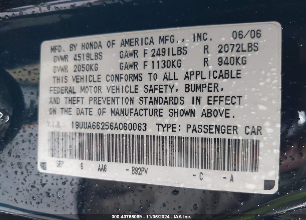 2006 ACURA TL VIN: 19UUA66256A060063