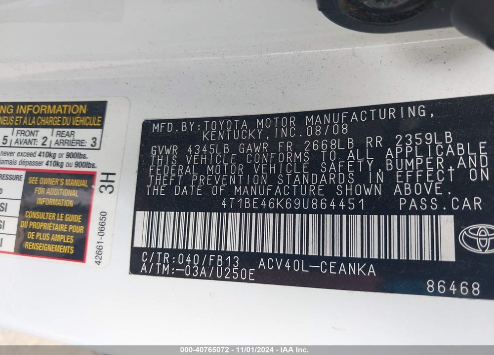2009 TOYOTA CAMRY LE VIN: 4T1BE46K69U864451