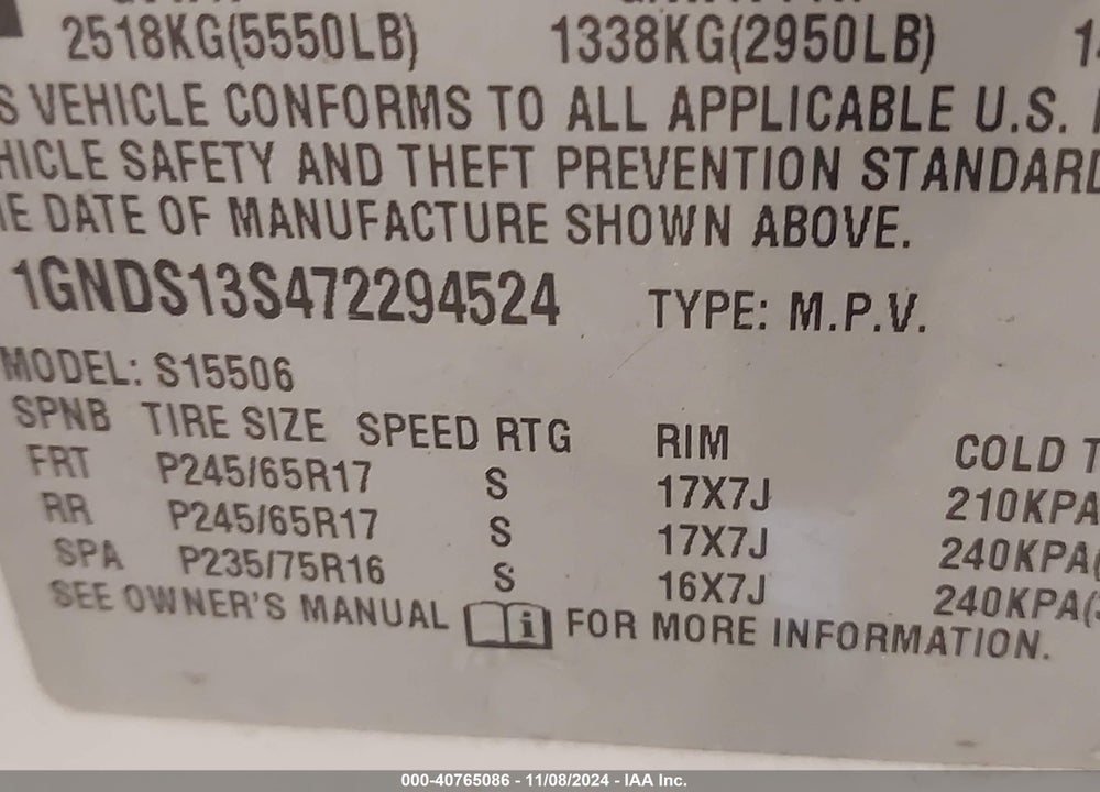 2007 CHEVROLET TRAILBLAZER LT VIN: 1GNDS13S472294524